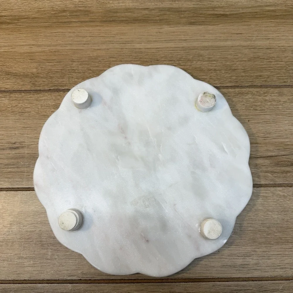 Genuine White Marble Serving Platter Scalloped Round Tray Gold Snowflake Star